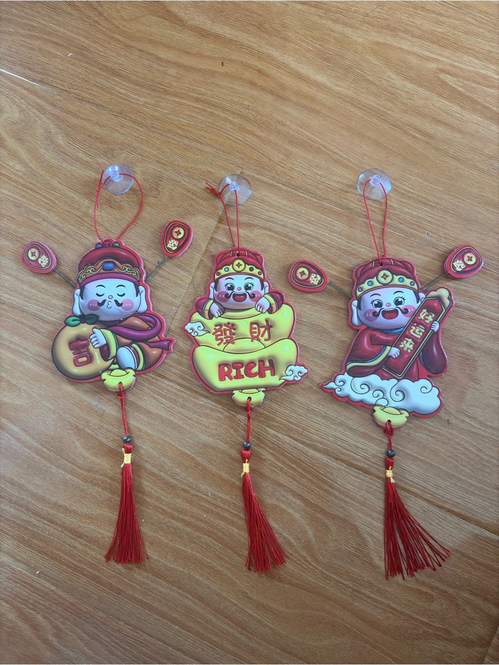 Set of 3 Lucky God Ornaments & Suction Cups-Good Luck/Wealth Decor for Home &Car